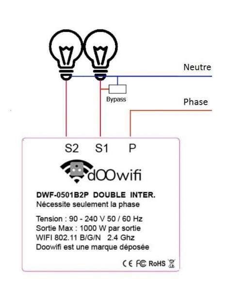 Interrupteur tactile WiFi unique sans neutre triple noir